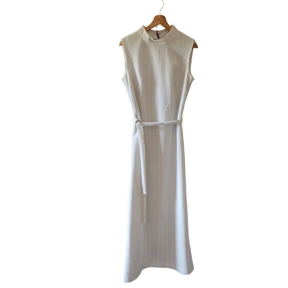 Vtg Andrea Gayle Fitted Cable Knit Sleeveless Maxi Dress White Silver 1960s M - Picture 1 of 10